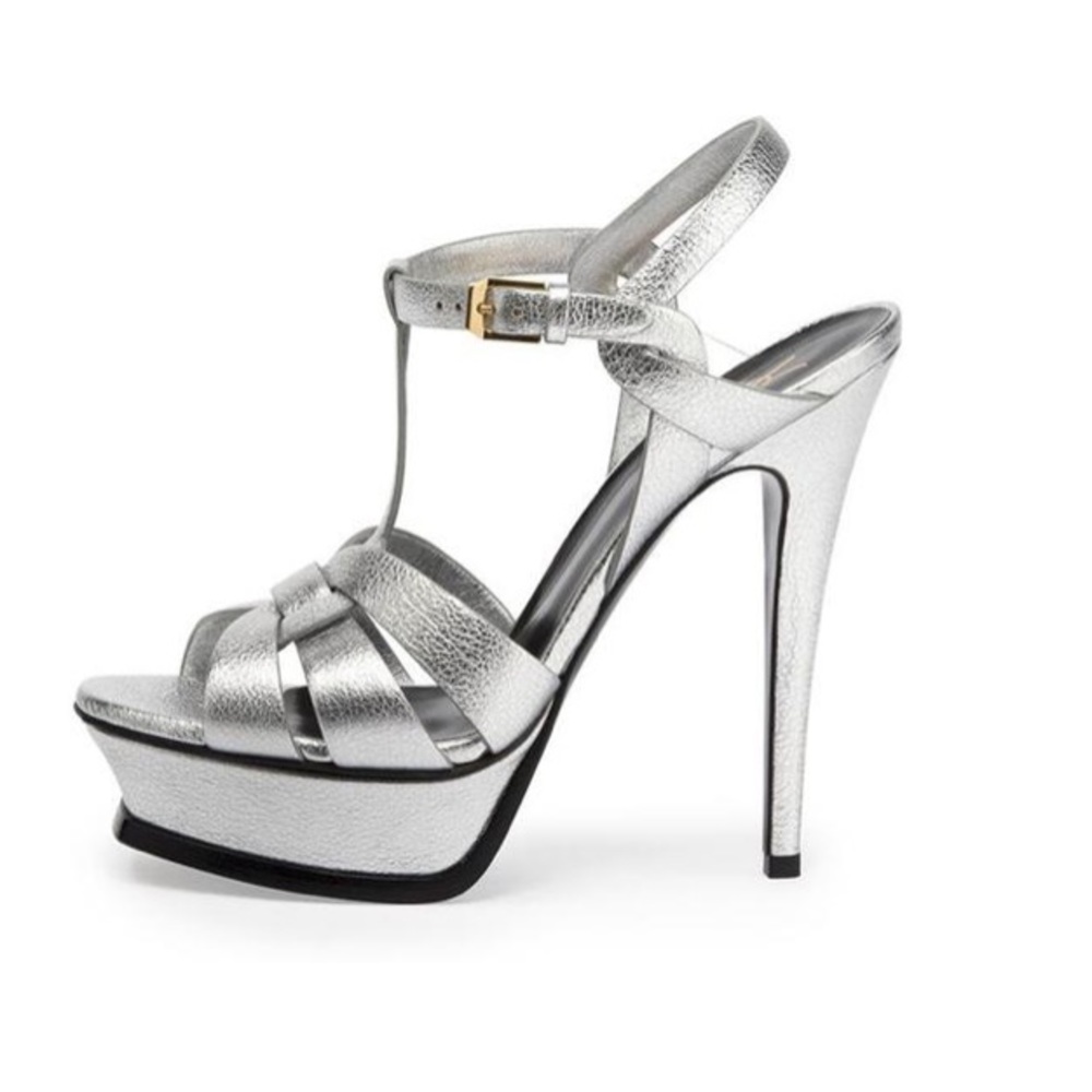 Saint Laurent Tribute YSL 105 Silver Metallic Heeled Sandal Platform